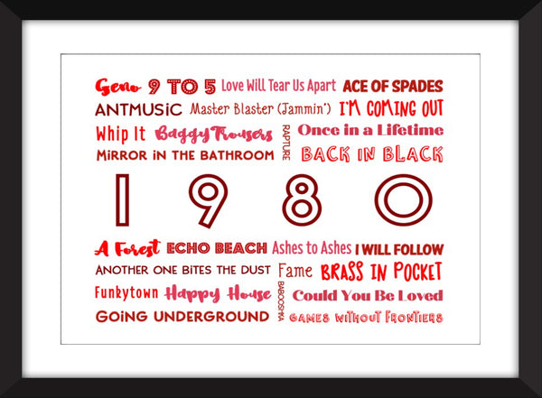 1980 in Music - Ideal Gift for 40th Birthday - Unframed Typography Print