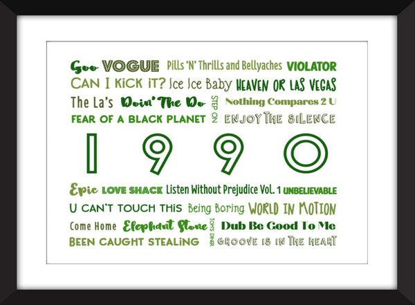 1990 in Music - Ideal Gift for 30th Birthday - Unframed Typography Print