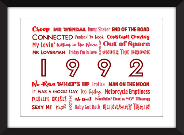 The Sound of 1992 - Ideal Gift for 30th Birthday - Unframed Typography Print