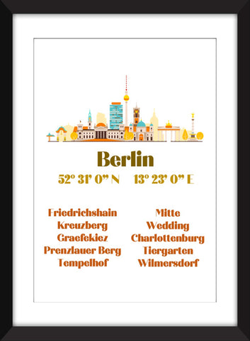 Berlin Cityscape with Coordinates and Neighbourhoods - Unframed Print