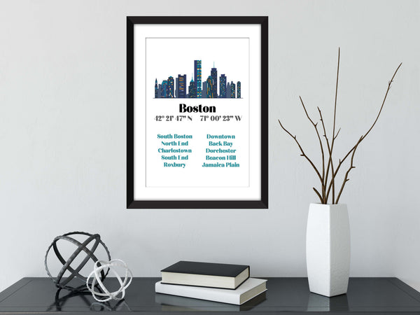 Boston Cityscape with Coordinates and Neighbourhoods - Unframed Print