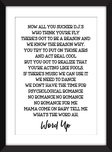 Cameo - Word Up Lyrics - Unframed Typography Print