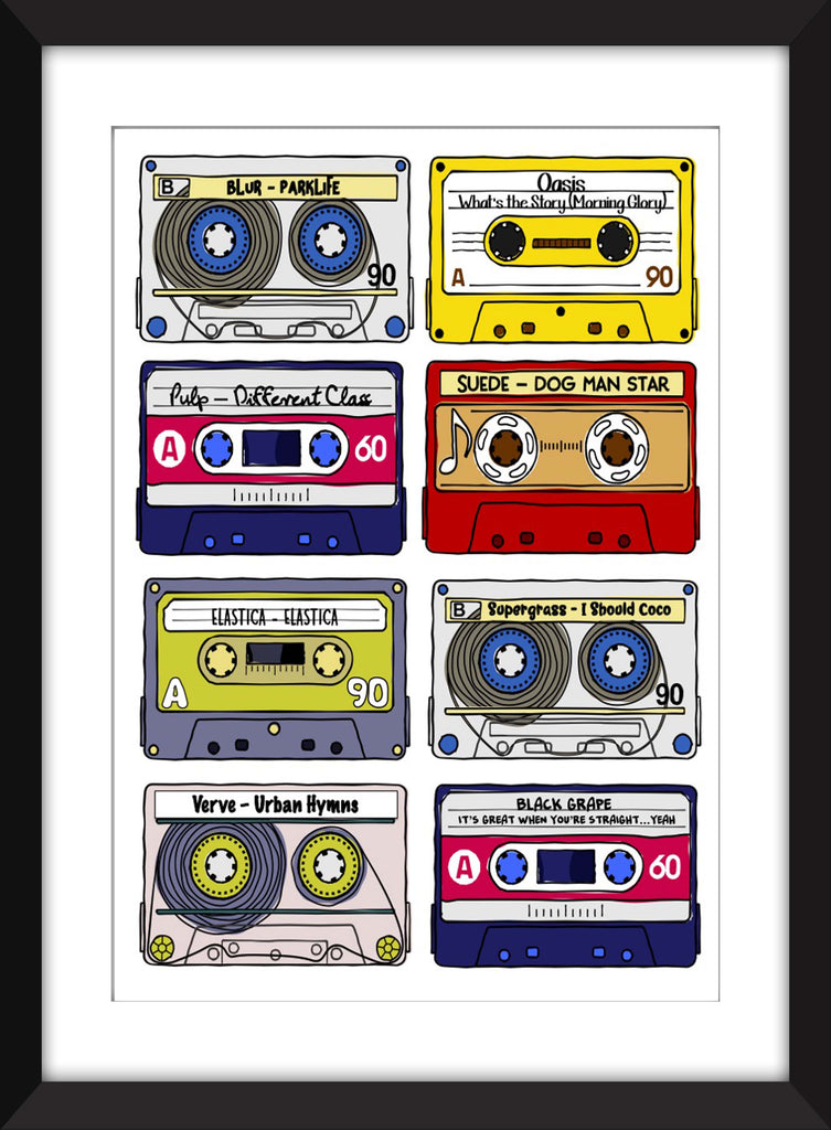 Classic Britpop Albums - Unframed Retro Cassette Print - Ideal Gift for Music Fan