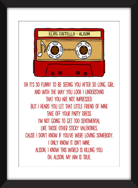 Elvis Costello - Alison Lyrics - Unframed Print