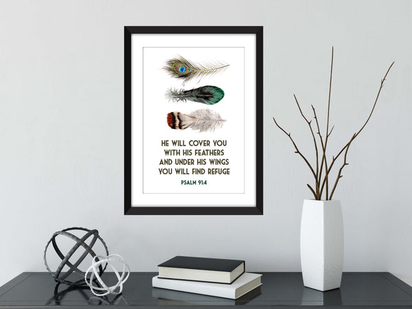He Will Cover You With His Wings - Psalm 91:4 Verse - Unframed Print