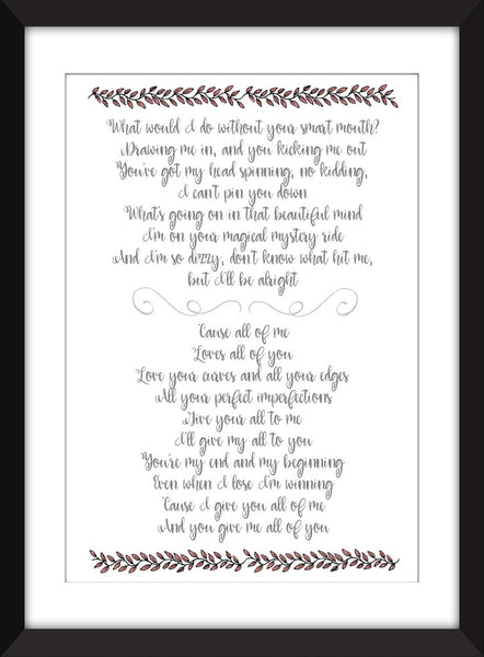 John Legend All of Me Lyrics - Unframed Print