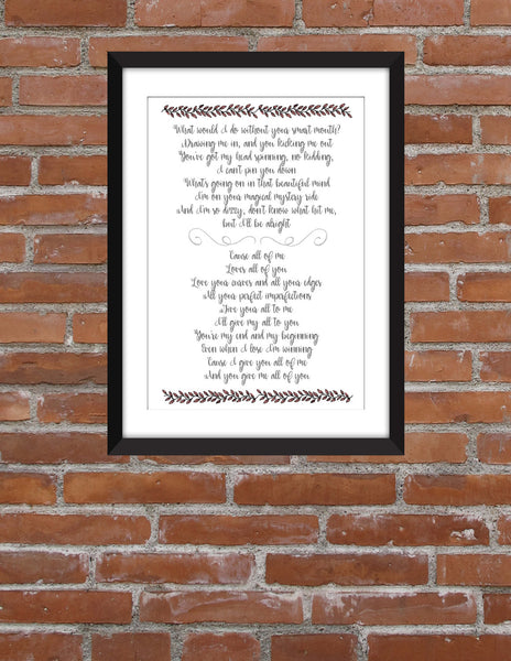 John Legend All of Me Lyrics - Unframed Print