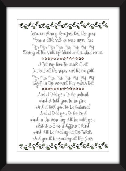 Bon Iver Skinny Love Lyrics Unframed Print