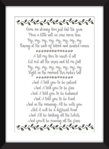 Bon Iver Skinny Love Lyrics Unframed Print