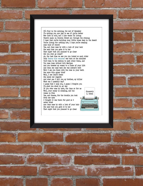 Leonard Cohen Famous Blue Raincoat Lyrics - Unframed Print